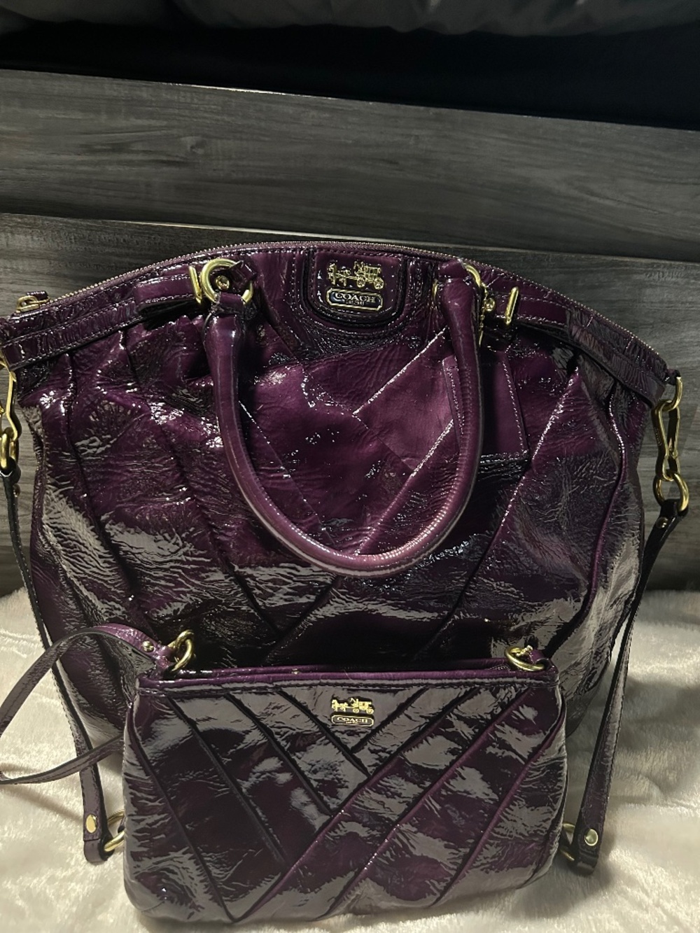 Coach Madison patent leather pleated Lindsey Purse & Wristlet set.